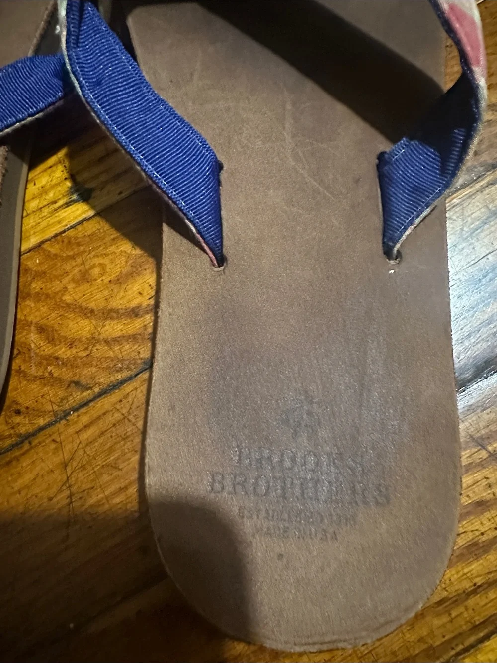 Brooks Brothers Brown Leather Flip Flops with Navy and Plaid Straps